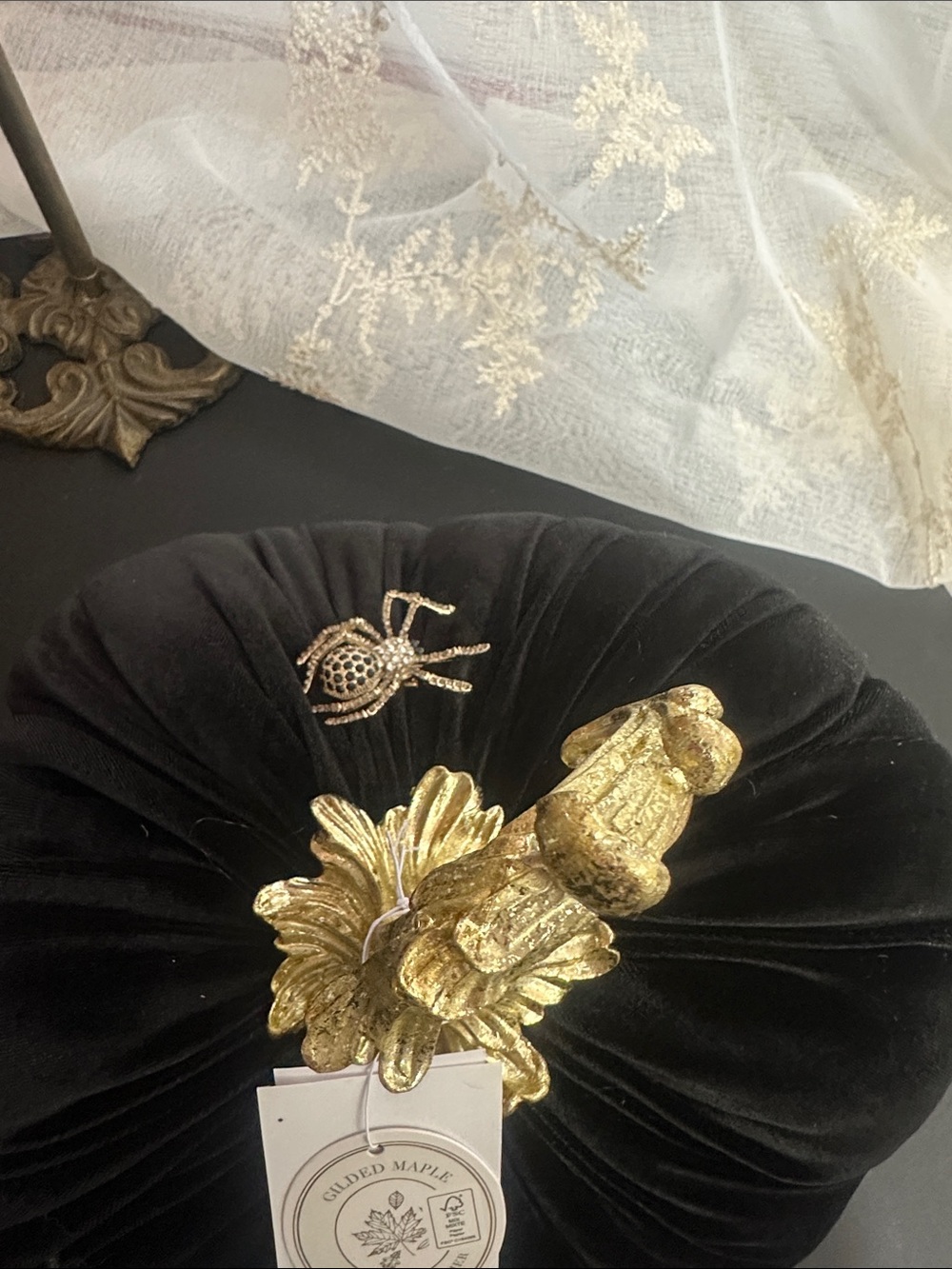 Gilded maple Halloween black velvet pumpkin with gold spider decor - Picture 3 of 3